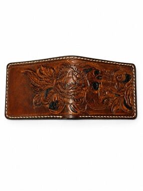 Handmade Tooled Leather Bifold Wallet Floral Rose Skull Genuine Leather
